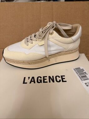 L'AGENCE Cream and White Espadrille-Trim Lace-Up Sneaker BRAND NEW